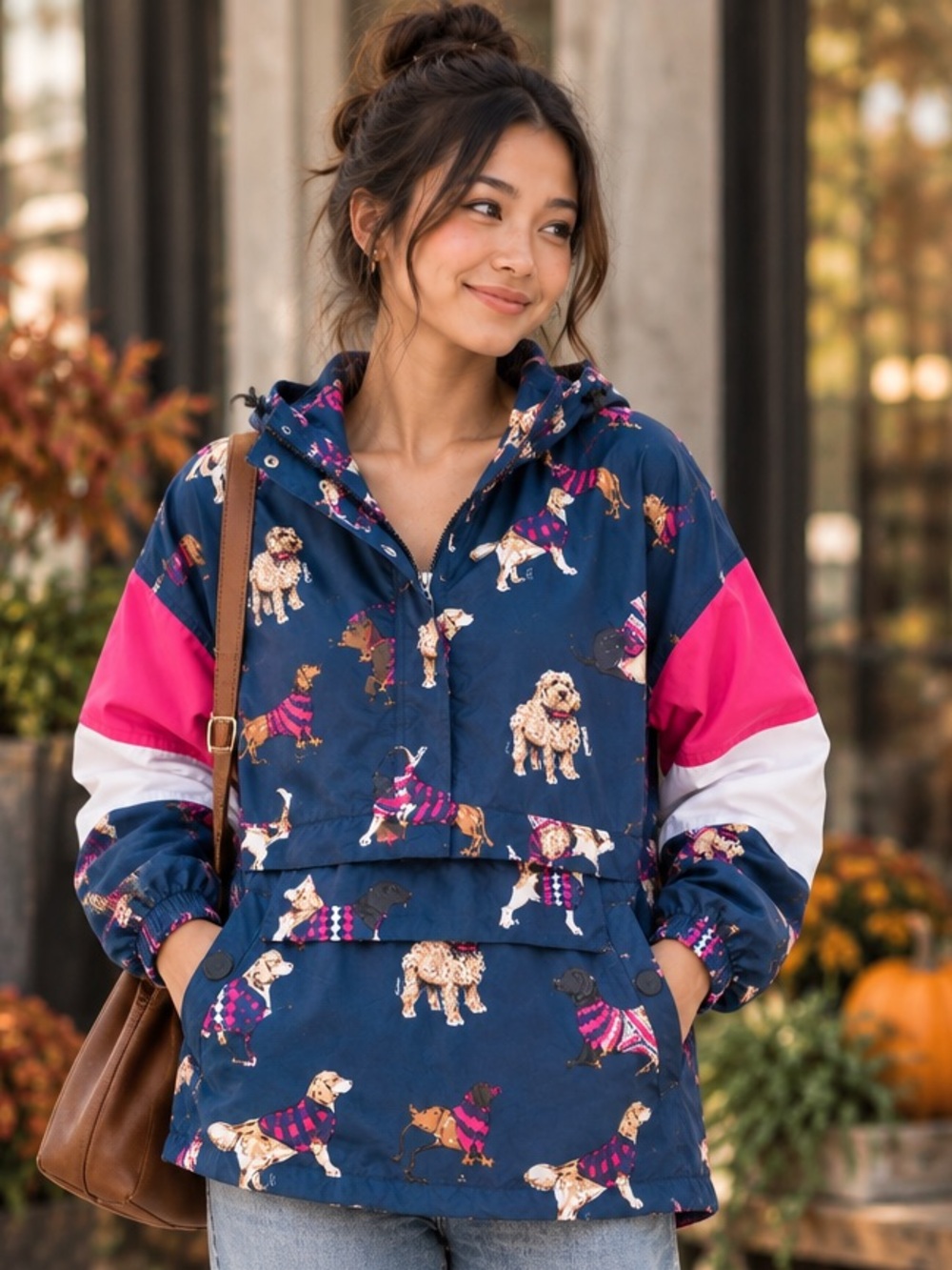 Kawaii Simply Southern Dog Print Windbreaker Jacket Small Navy Pink
